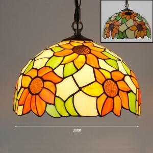 Tiffany Pendant Lamp:Red Yellow Sunflower Stained Glass 30cm Hanging Light Fixture